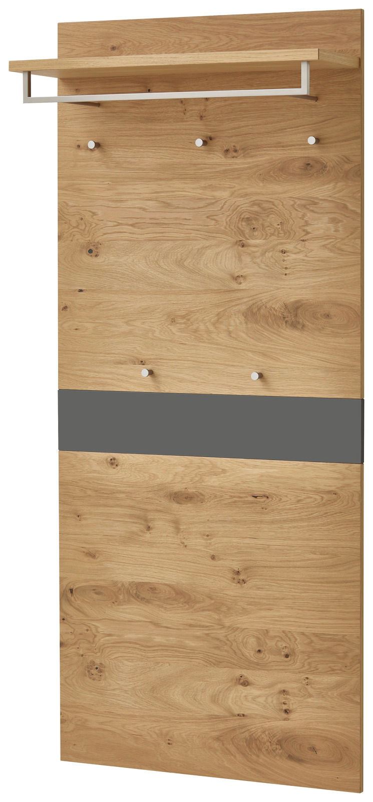 Garderobenpaneel aus Holz mit mehreren Haken und einer Ablage, frontal betrachtet.