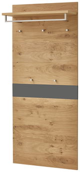 Garderobenpaneel aus Holz mit mehreren Haken und einer Ablage, frontal betrachtet.