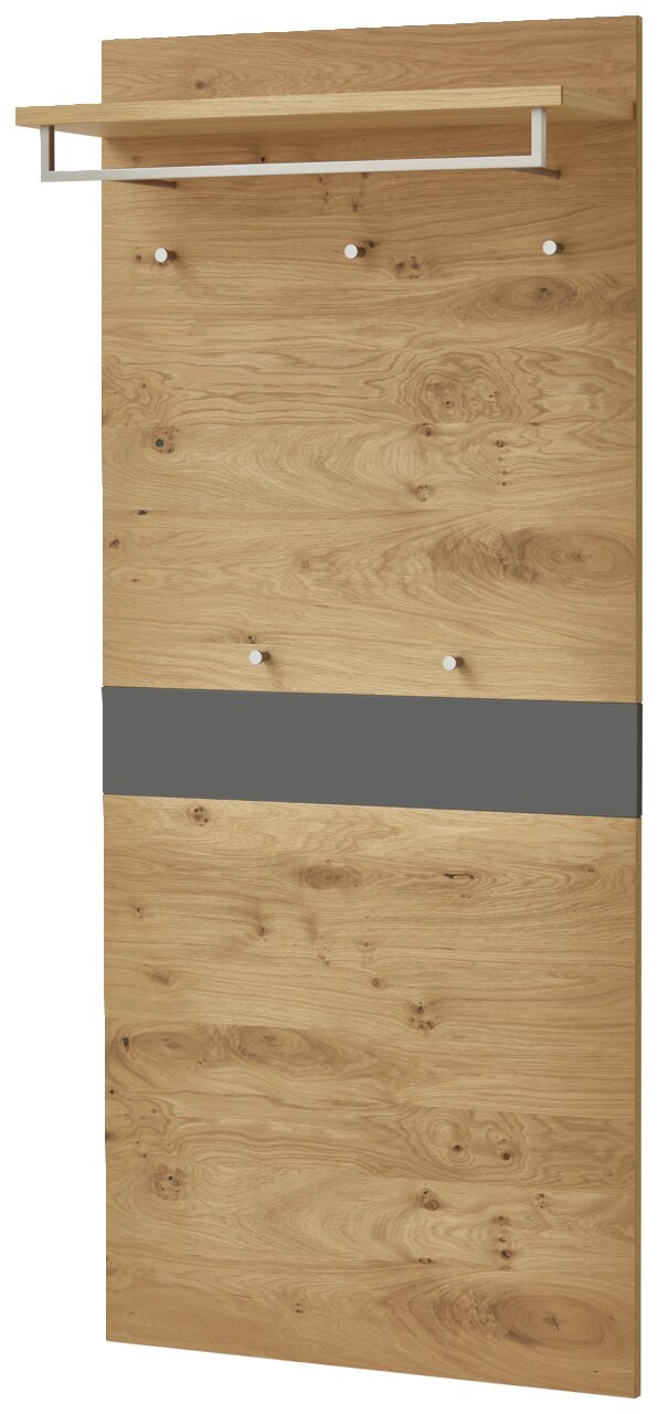Garderobenpaneel aus Holz mit mehreren Haken und einer Ablage, frontal betrachtet.