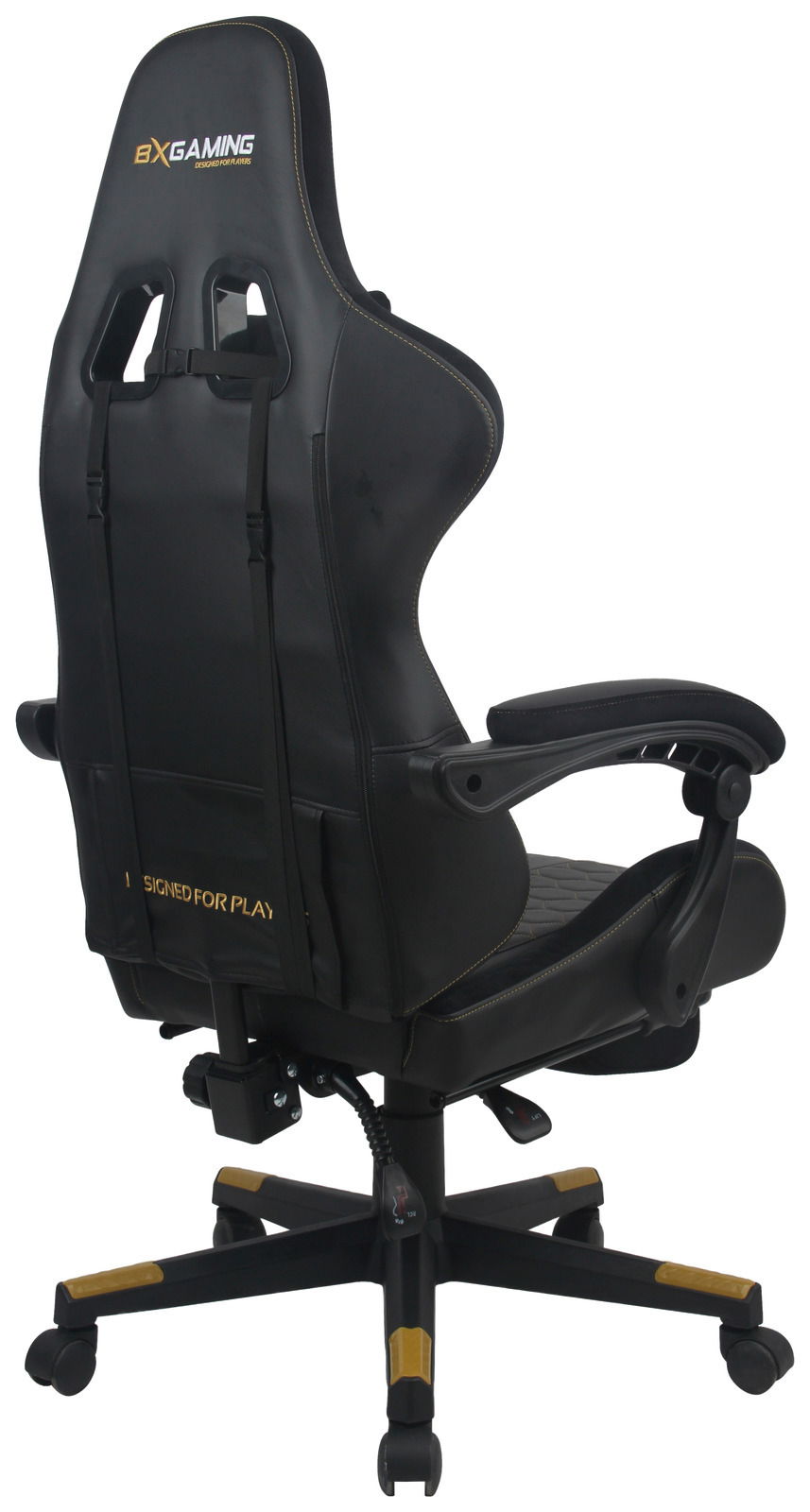 Rückansicht eines schwarzen Gaming-Stuhls mit Armlehnen und gelben Akzenten, geeignet für komfortables Spielen.