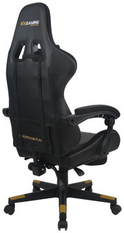 Rückansicht eines schwarzen Gaming-Stuhls mit Armlehnen und gelben Akzenten, geeignet für komfortables Spielen.