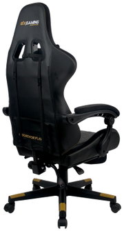 Achterkant van een zwarte gamingstoel met armleuningen en gele accenten, geschikt voor comfortabel gamen.
