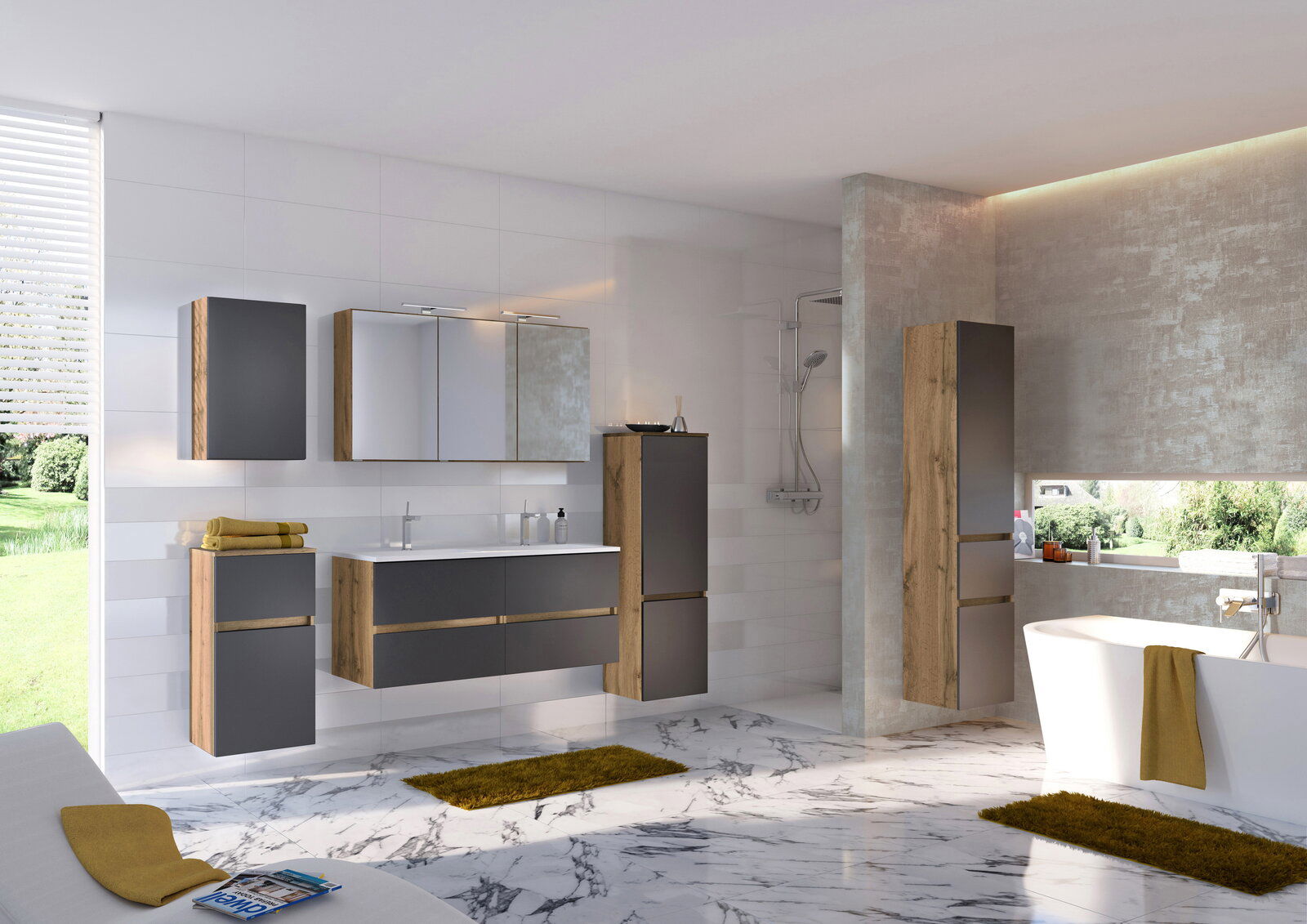 Moderner Badezimmer-Spiegelschrank in einem stilvollen Badezimmer mit Marmorfliesen, Holz- und Grautönen, aus der Perspektive des gesamten Raumes.