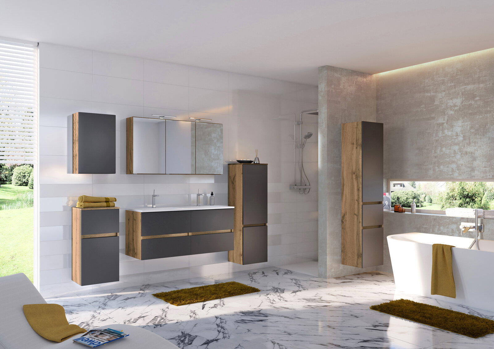 Moderner Badezimmer-Spiegelschrank in einem stilvollen Badezimmer mit Marmorfliesen, Holz- und Grautönen, aus der Perspektive des gesamten Raumes.