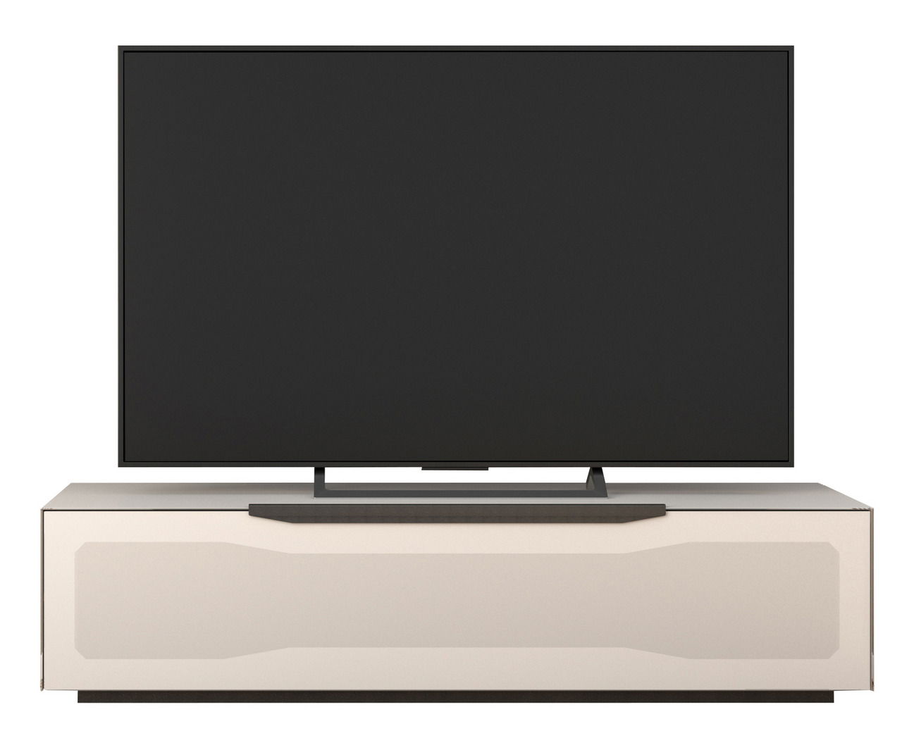 Munari TV-Lowboard RAVENNA Frontansicht eines modernen TV-Lowboards mit einem großen Flachbildfernseher darauf.