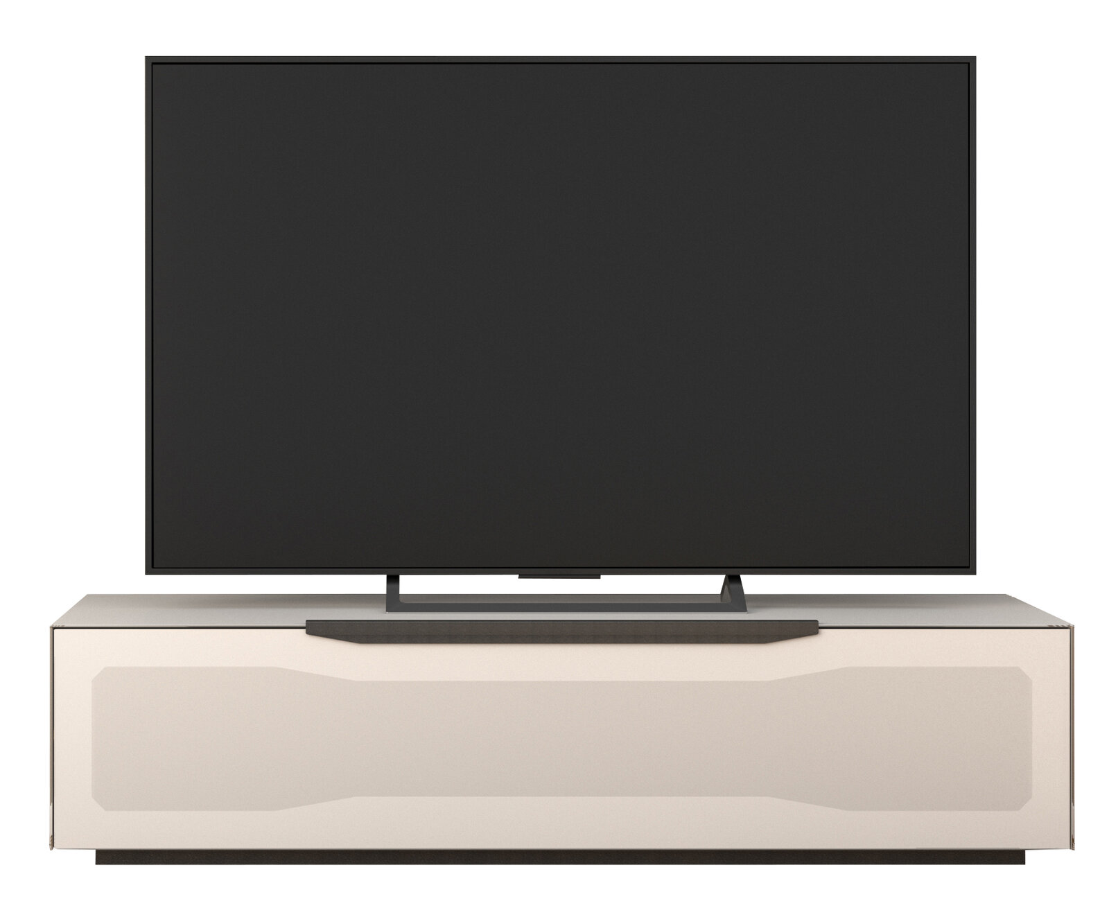 Munari TV-Lowboard RAVENNA Frontansicht eines modernen TV-Lowboards mit einem großen Flachbildfernseher darauf.