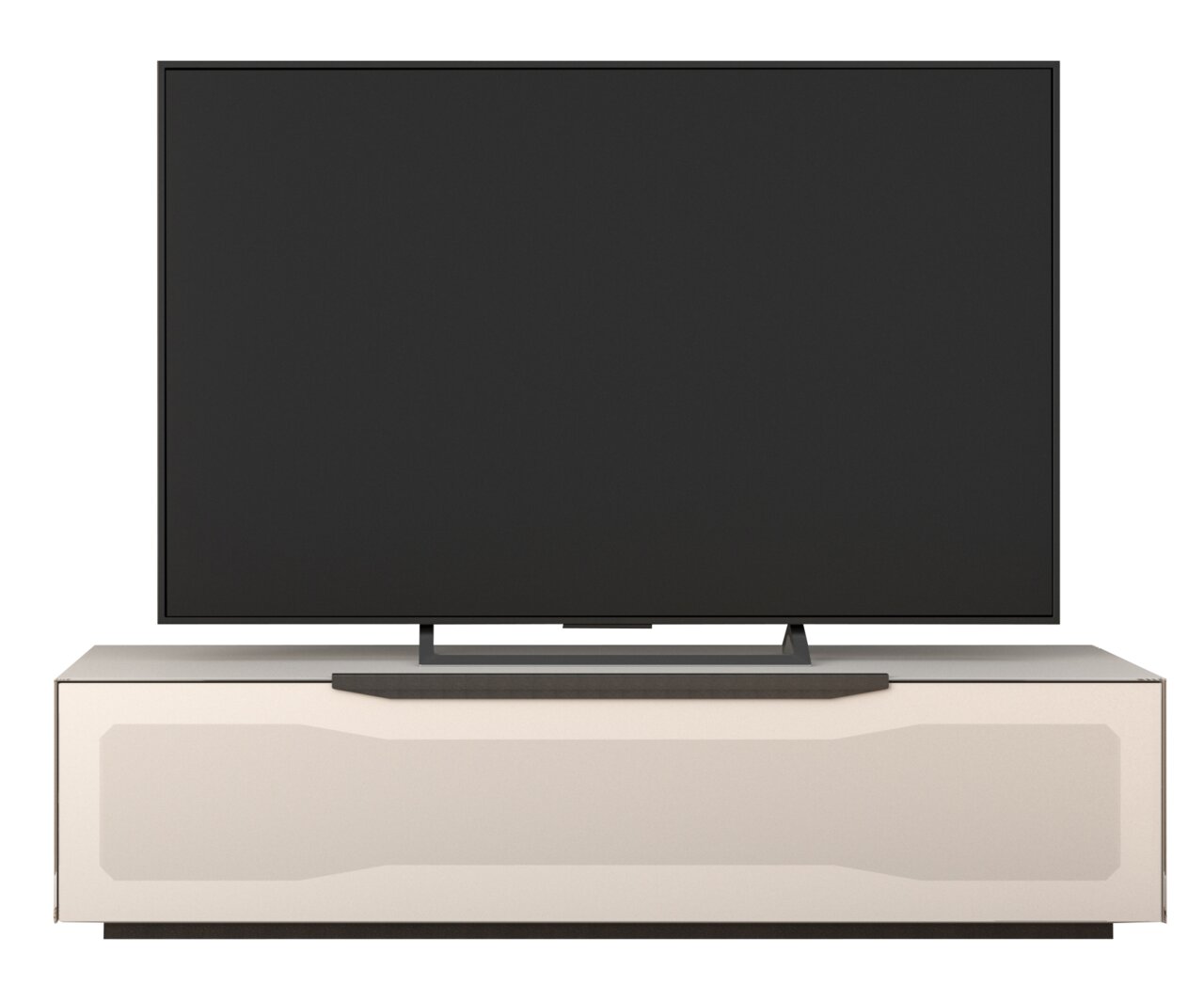 Frontansicht eines modernen TV-Lowboards mit einem großen Flachbildfernseher darauf.