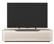 Frontansicht eines modernen TV-Lowboards mit einem großen Flachbildfernseher darauf.