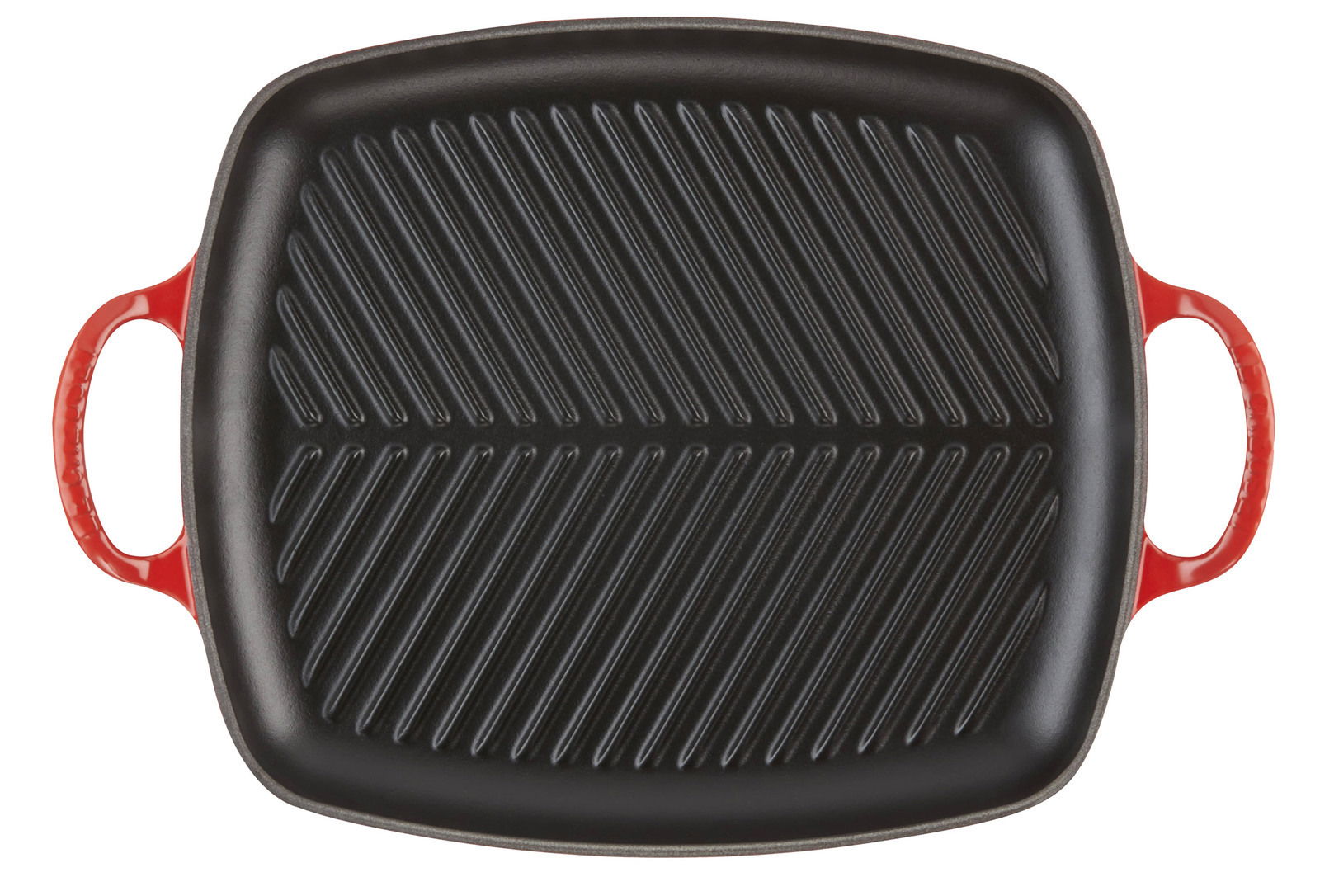 Grillplatte 30x27 cm in Kirschrot, Draufsicht mit gerillter Oberfläche und zwei Griffen.