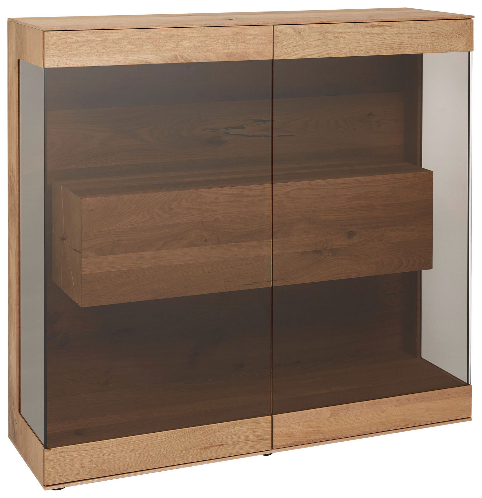 Hochwertiges Highboard aus Holz mit Glastüren, seitliche Perspektive