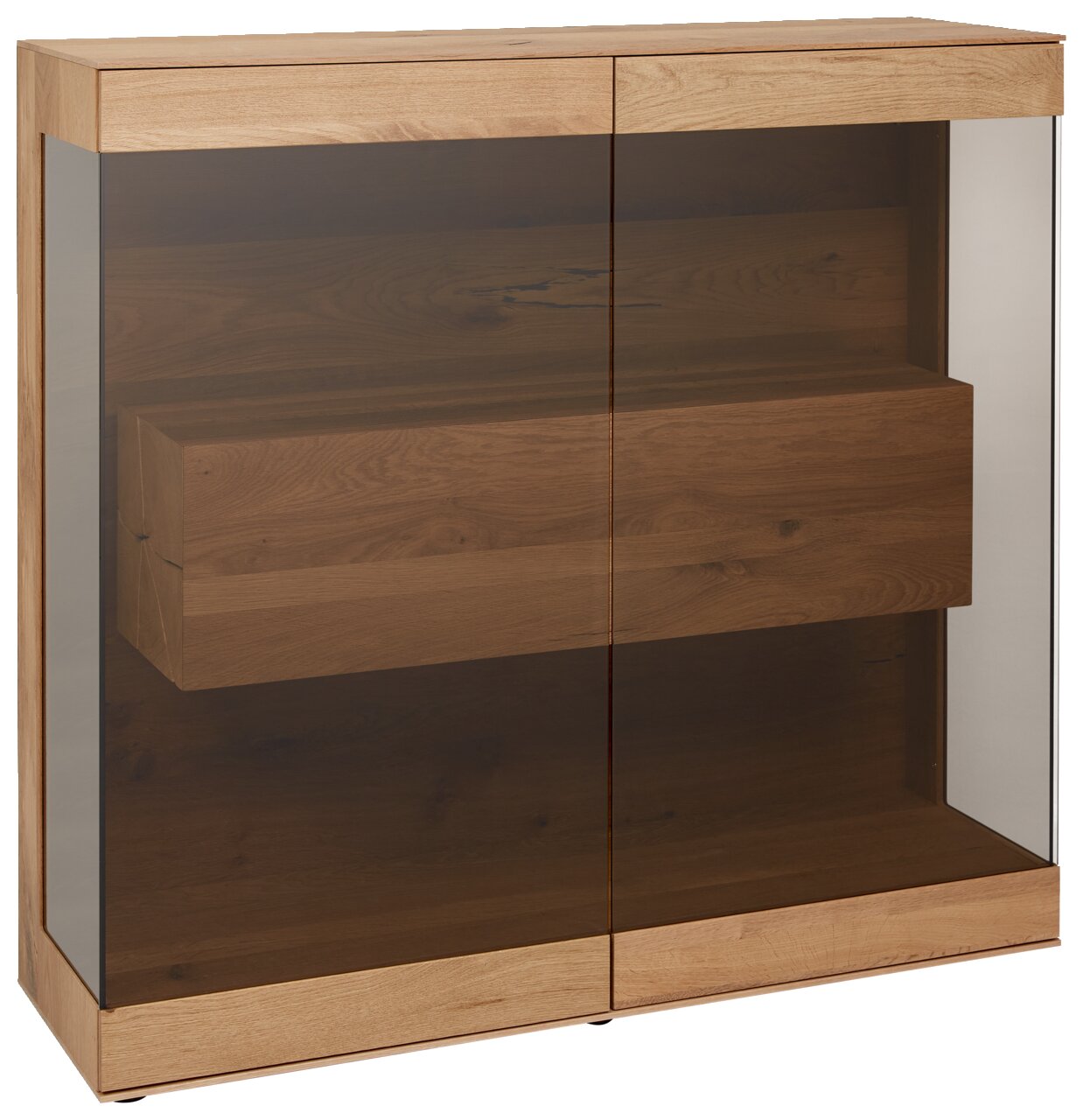 Hochwertiges Highboard aus Holz mit Glastüren, seitliche Perspektive