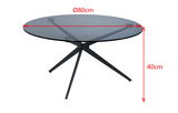 Runder Couchtisch mit Glasplatte und schwarzem Metallgestell, Durchmesser 80 cm, Höhe 40 cm, seitliche Perspektive
