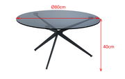 Runder Couchtisch mit Glasplatte und schwarzem Metallgestell, Durchmesser 80 cm, Höhe 40 cm, seitliche Perspektive