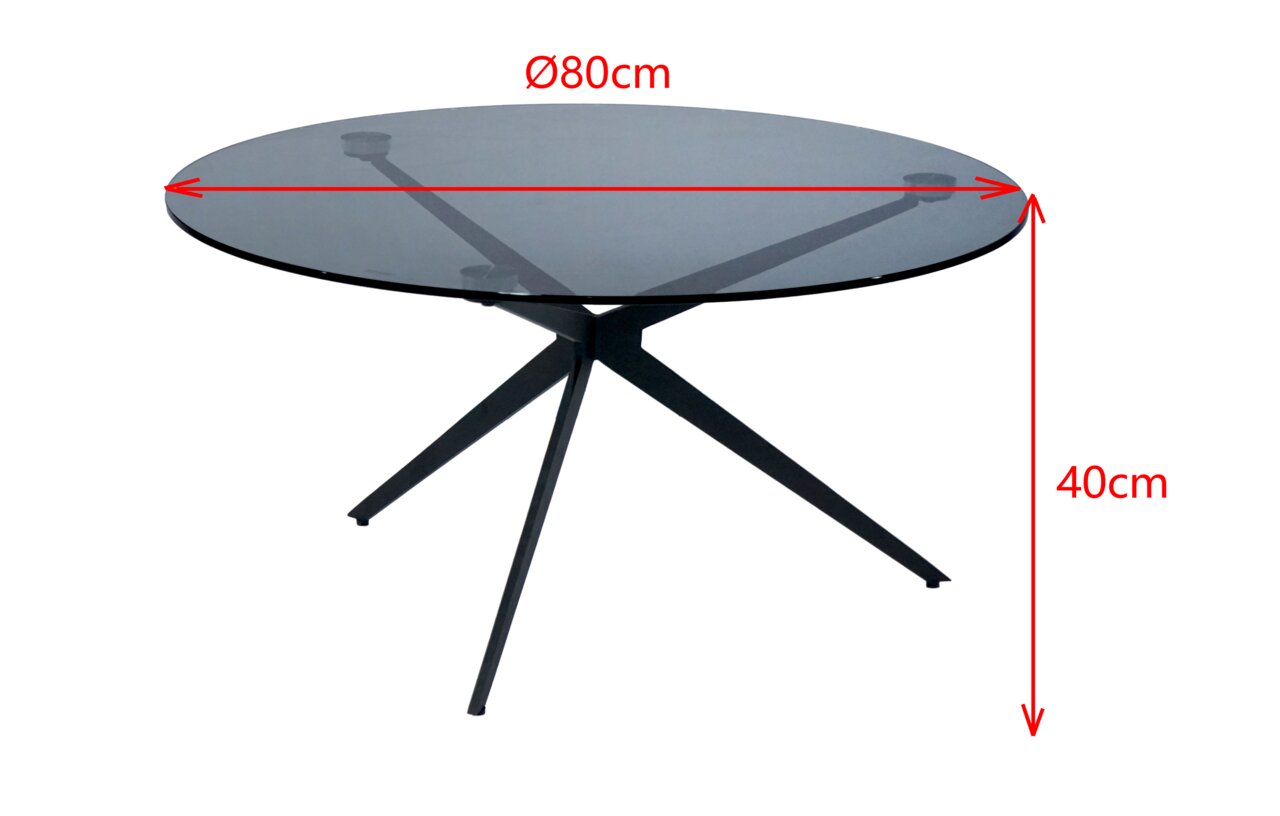 Runder Couchtisch mit Glasplatte und schwarzem Metallgestell, Durchmesser 80 cm, Höhe 40 cm, seitliche Perspektive