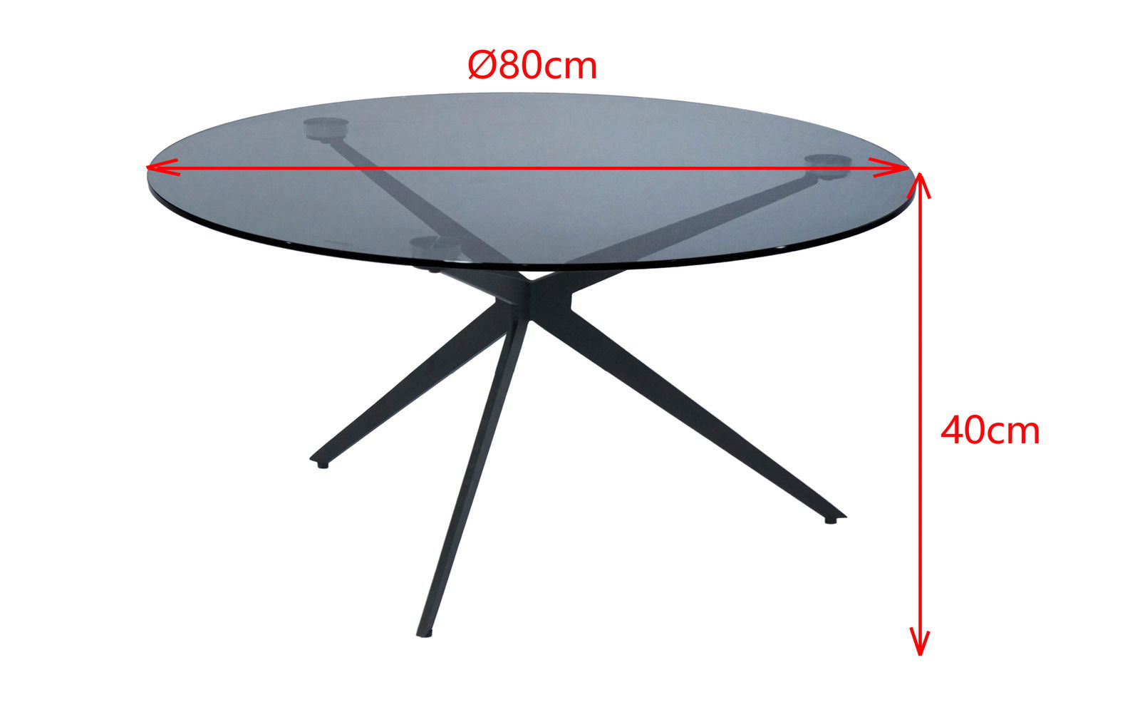 Runder Couchtisch mit Glasplatte und schwarzem Metallgestell, Durchmesser 80 cm, Höhe 40 cm, seitliche Perspektive
