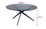 Runder Couchtisch mit Glasplatte und schwarzem Metallgestell, Durchmesser 80 cm, Höhe 40 cm, seitliche Perspektive