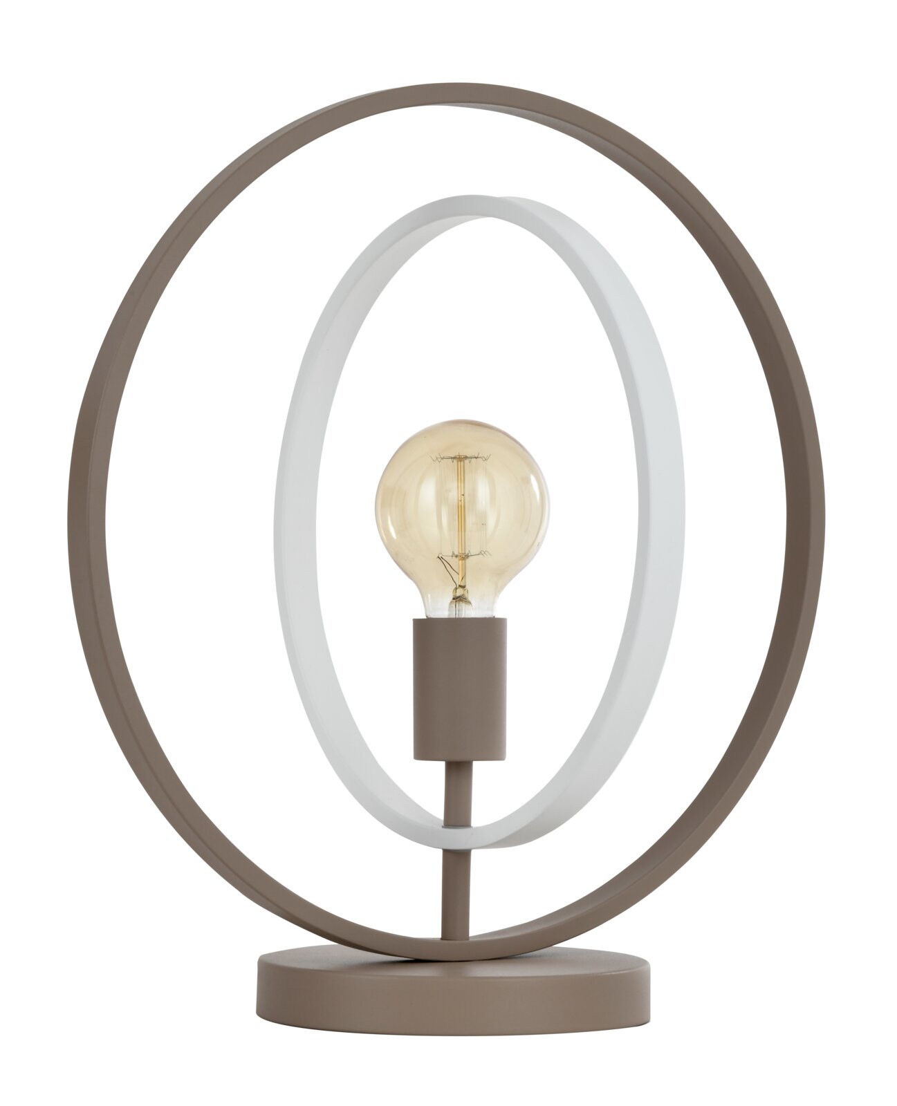 Moderne tafellamp met decoratieve filamentlamp, omlijst door een witte binnenring en taupekleurige buitenring, recht van voren afgebeeld op een witte achtergrond