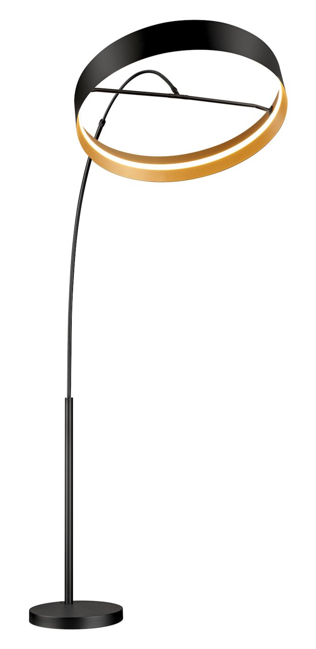 Moderne staande lamp LOOP met zwarte voet en elegante, ringvormige lampkap, gezien vanaf de zijkant.