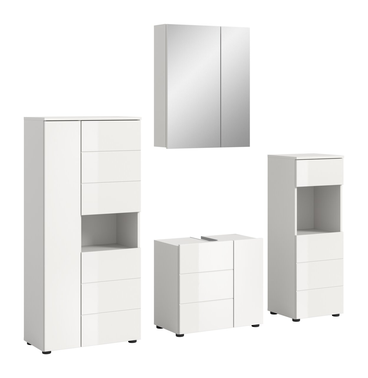 Moderne weiße Badkombination bestehend aus einem Spiegelschrank, einem Waschbeckenunterschrank und zwei Hochschränken, frontal abgebildet.