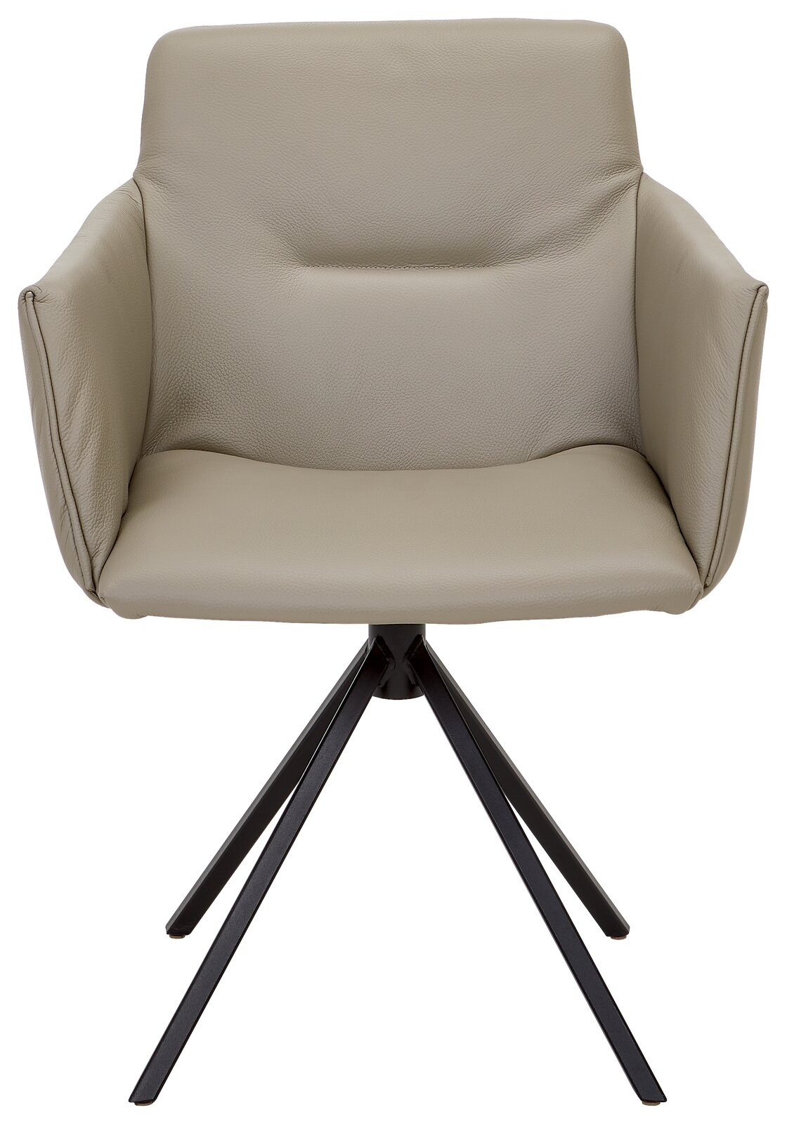 Moderner Sessel mit beigem Lederbezug und schwarzem Metallgestell, Frontalansicht