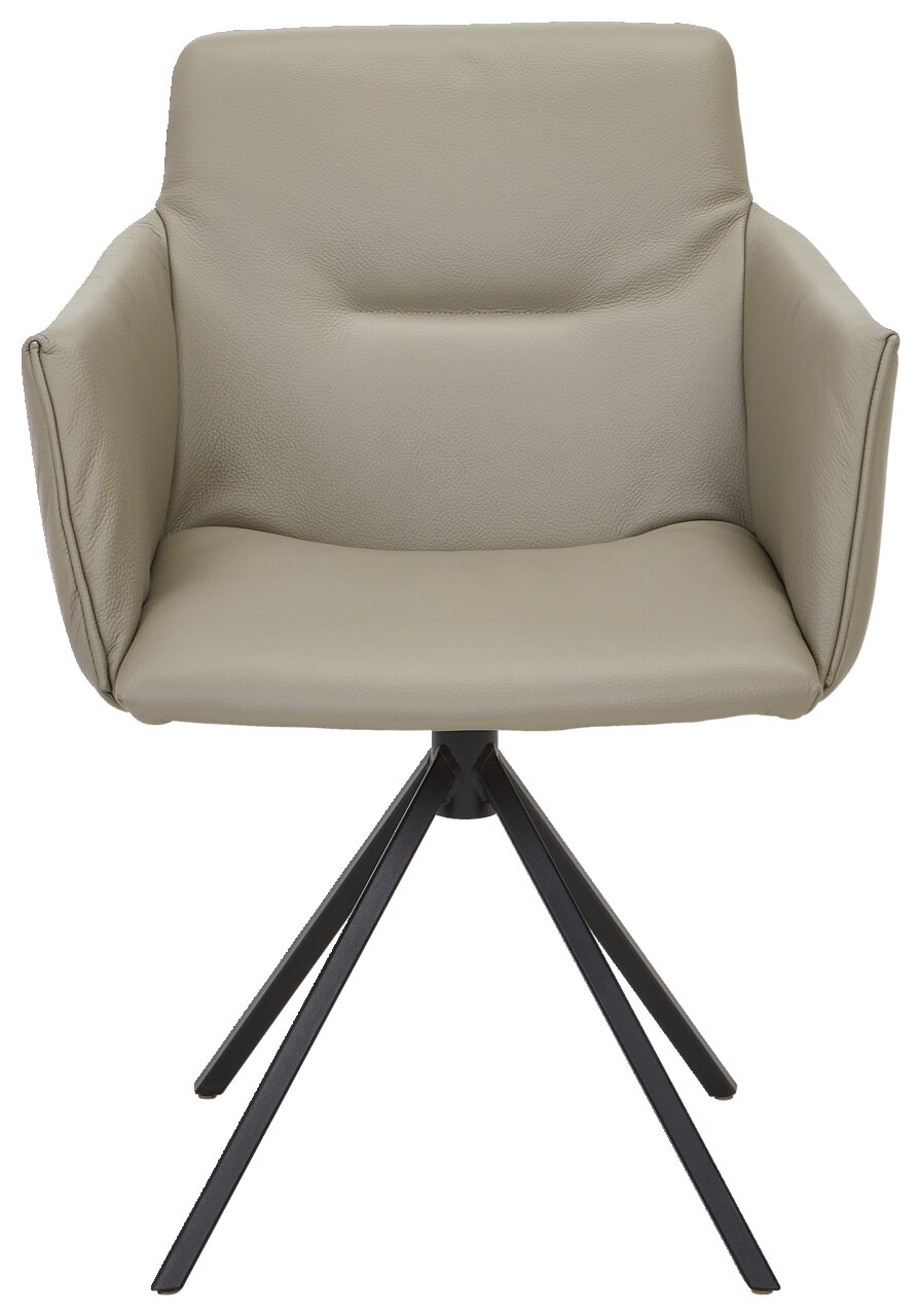 Moderne fauteuil met beige lederen bekleding en een zwart metalen frame, vooraanzicht