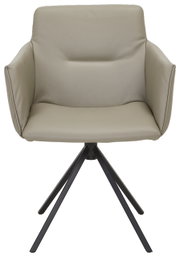 Moderne fauteuil met beige lederen bekleding en een zwart metalen frame, vooraanzicht
