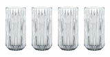 Vier hohe, elegante Longdrinkgläser mit vertikalem Rillendesign, frontal abgebildet.