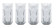 Vier hohe, elegante Longdrinkgläser mit vertikalem Rillendesign, frontal abgebildet.