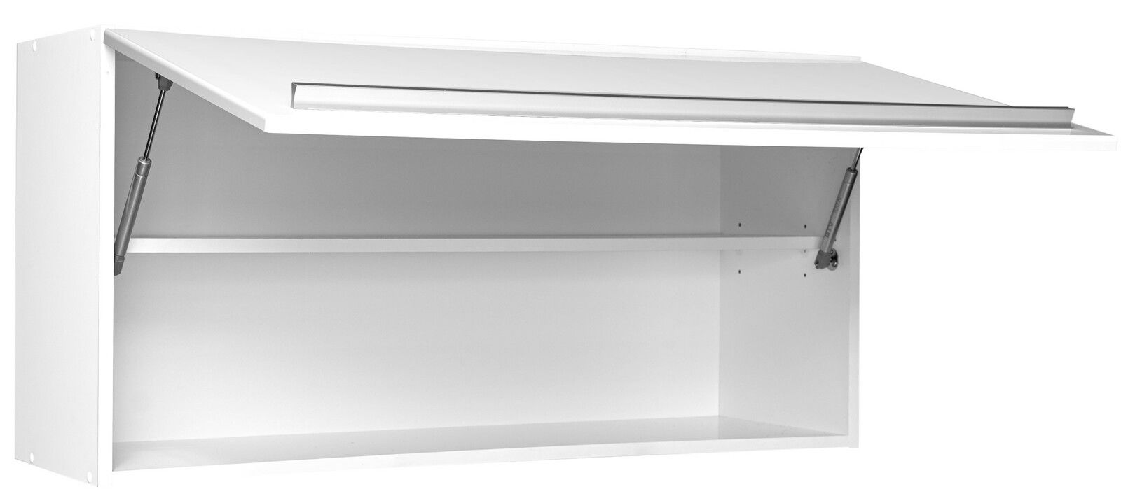 Weißer Hängeschrank mit geöffneter Klappe, seitliche Perspektive