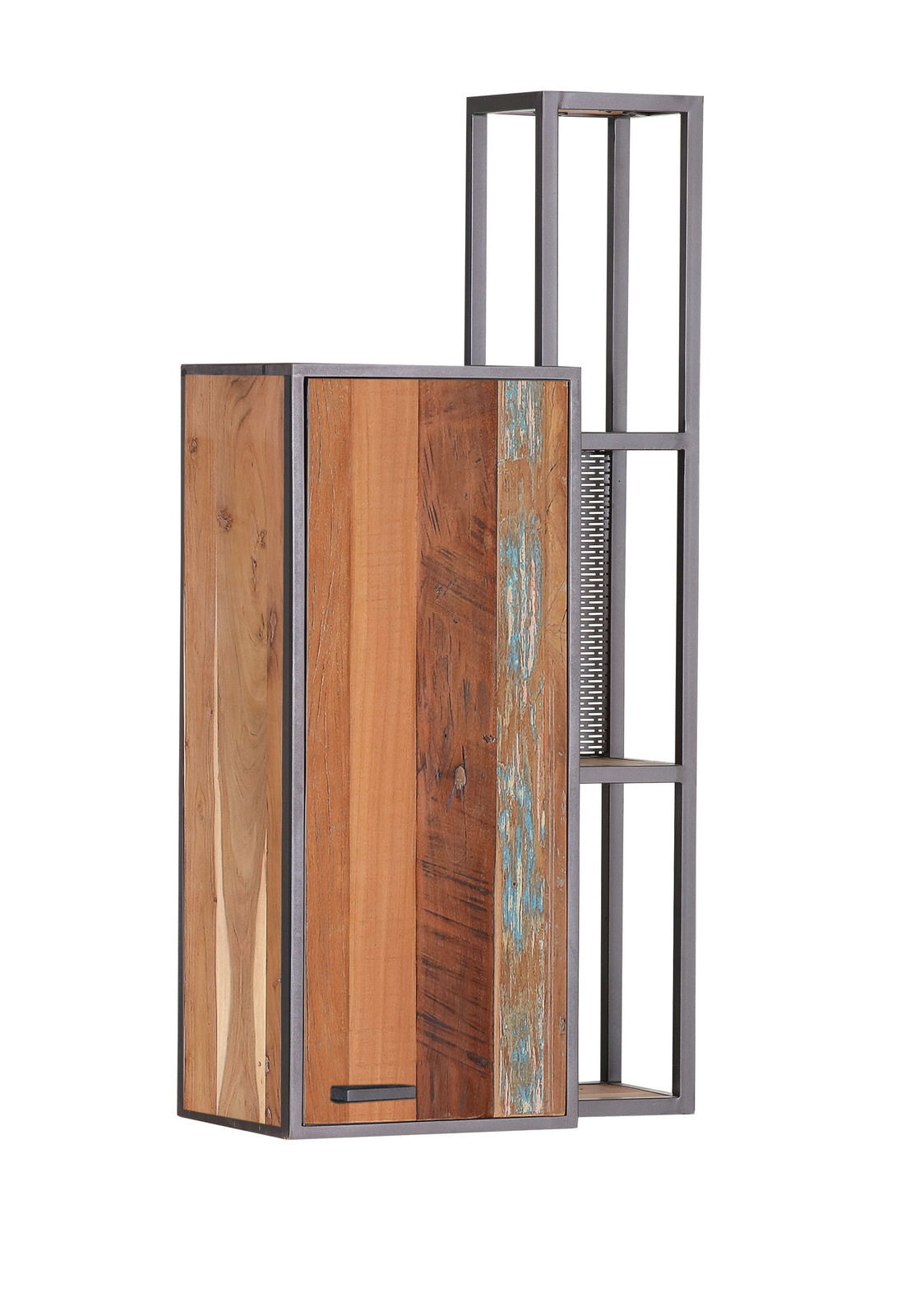 Wandregal aus Holz und Metall mit rustikalem Design, seitliche Perspektive