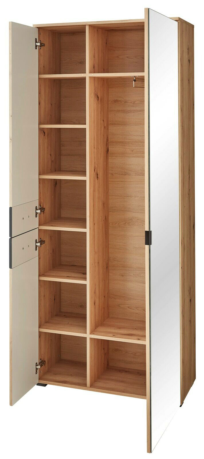 Offener Garderobenschrank aus Holz mit mehreren Regalfächern und einer Spiegeltür, Perspektive von vorne links.