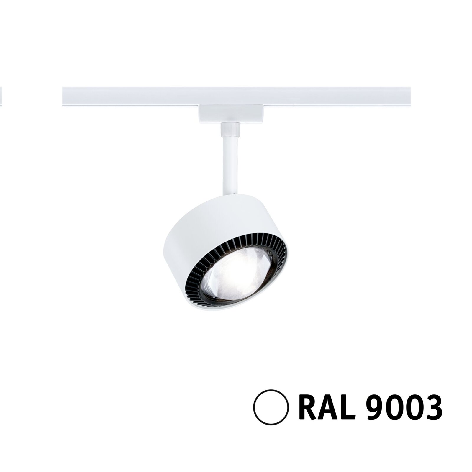 Weißer Schienenspot Aldan in RAL 9003, seitliche Perspektive