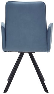 Rückansicht eines blauen Sessels mit schwarzen Metallbeinen