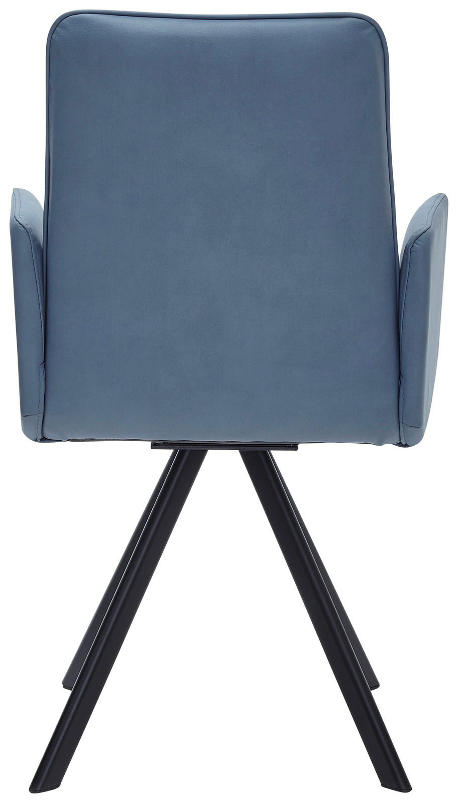 Rückansicht eines blauen Sessels mit schwarzen Metallbeinen