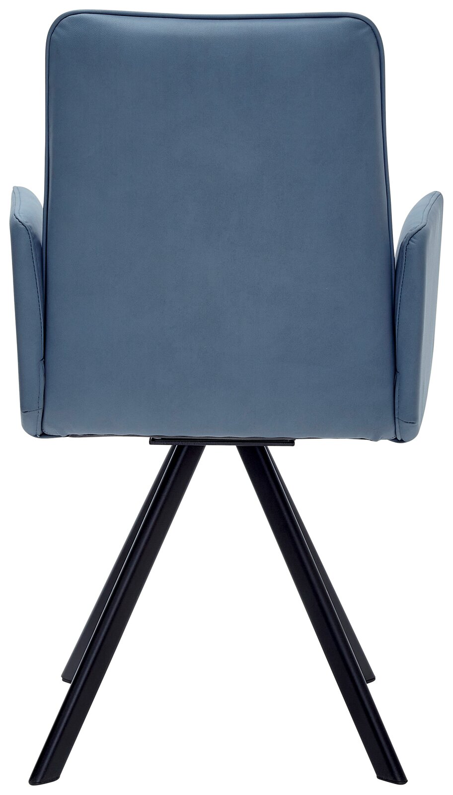 Rückansicht eines blauen Sessels mit schwarzen Metallbeinen