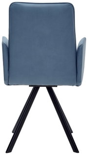 Achterkant van een blauwe fauteuil met zwarte metalen poten