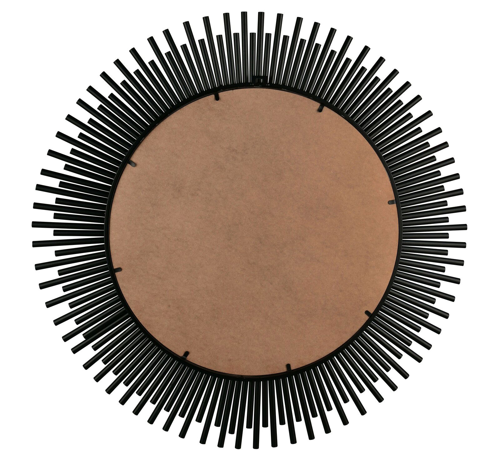 Rückansicht eines runden Spiegels mit einem dekorativen schwarzen Rahmen in Sonnenstrahlen-Design.