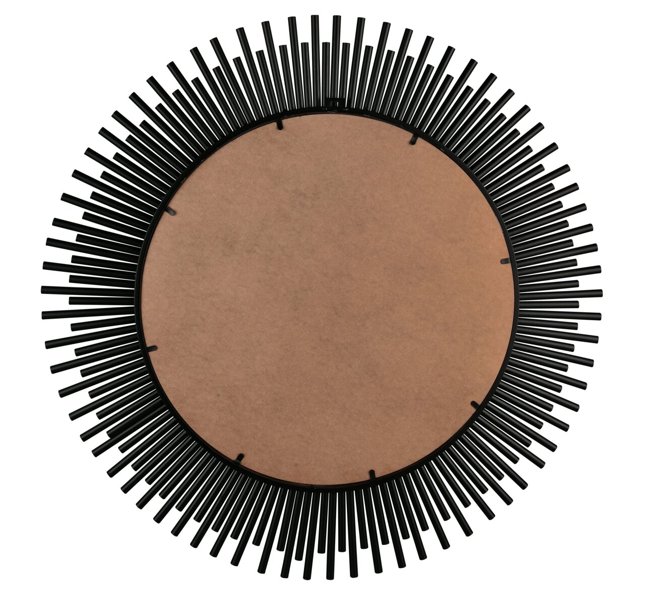 Rückansicht eines runden Spiegels mit einem dekorativen schwarzen Rahmen in Sonnenstrahlen-Design.