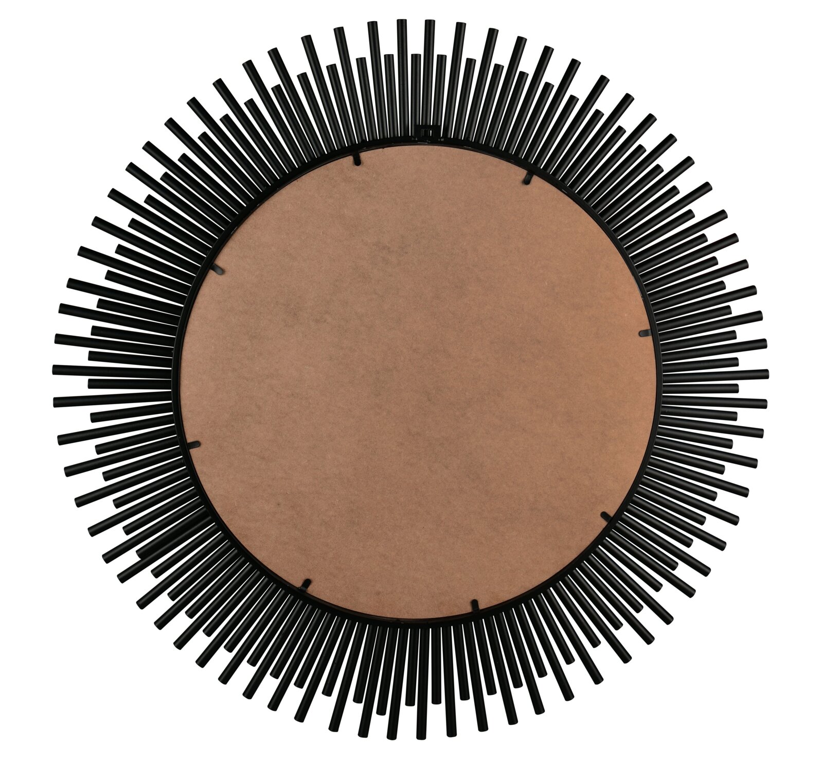 Rückansicht eines runden Spiegels mit einem dekorativen schwarzen Rahmen in Sonnenstrahlen-Design.