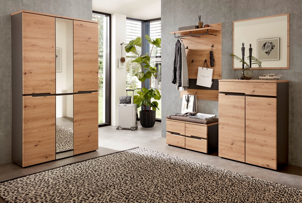 Voleo XXL-Schuh-/Garderobenschrank DETROIT Moderne Garderobeneinrichtung in Holzoptik mit Spiegel, Schuhschrank und Garderobenpaneel, seitliche Perspektive