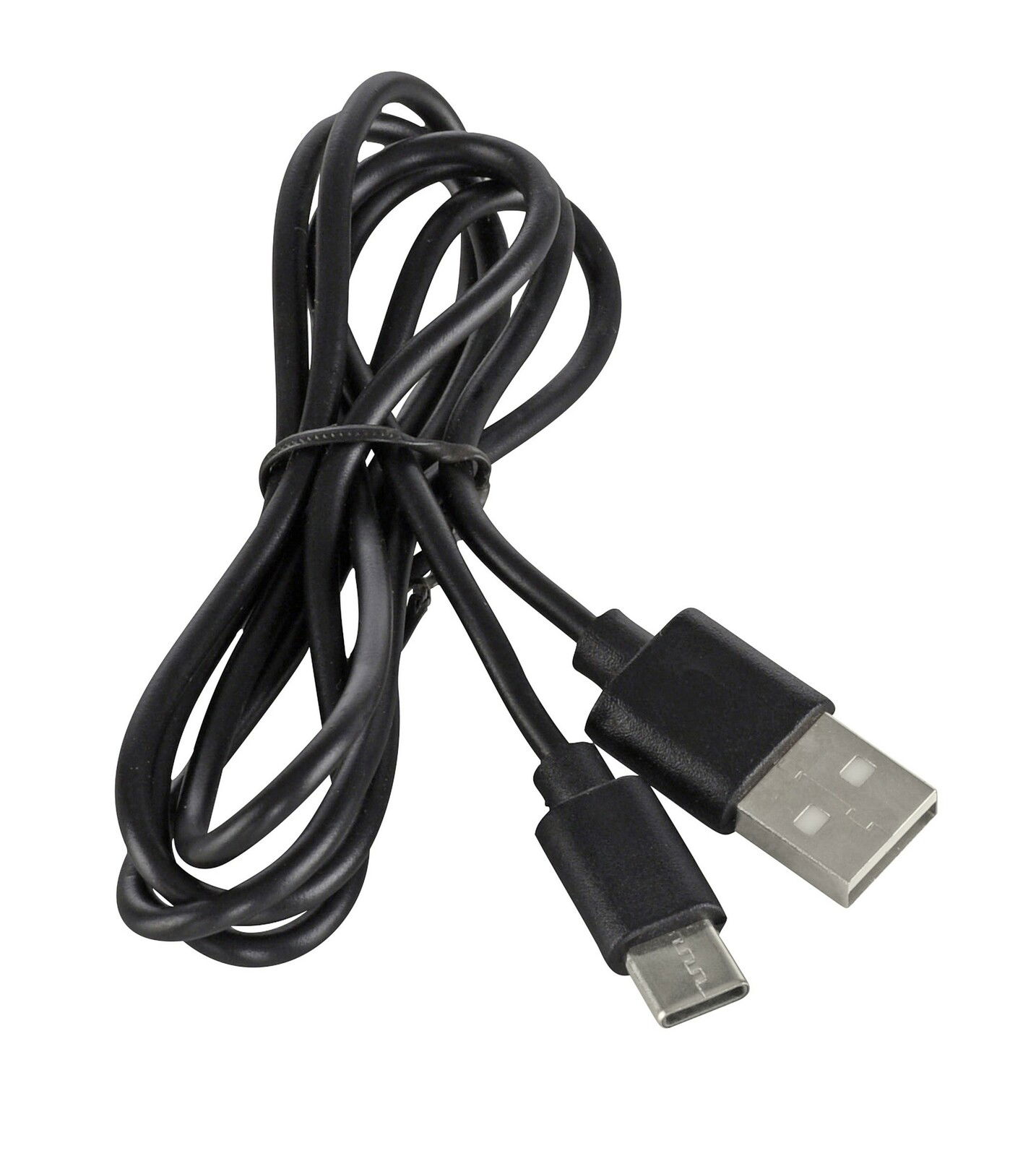 Schwarzes USB-Ladekabel mit USB-A- und USB-C-Stecker, von oben fotografiert.