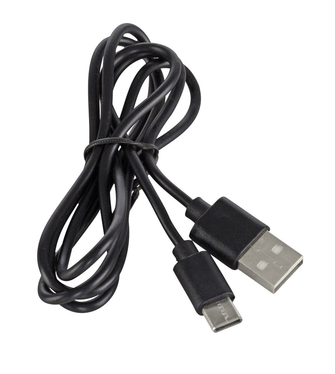Schwarzes USB-Ladekabel mit USB-A- und USB-C-Stecker, von oben fotografiert.