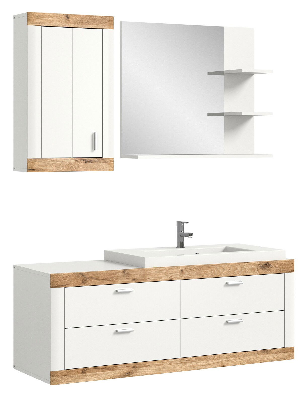 Moderne Badkombination in Weiß mit Holzdetails, bestehend aus einem Waschtisch mit vier Schubladen, einem Spiegel mit zwei Regalböden und einem Hängeschrank. Frontalansicht.