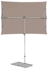 Beiger rechteckiger Sonnenschirm mit Metallgestell, frontal abgebildet