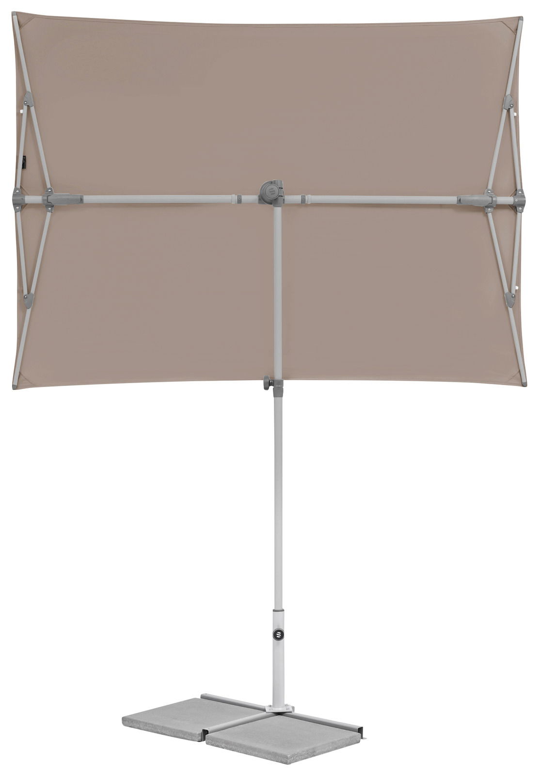 Beiger rechteckiger Sonnenschirm mit Metallgestell, frontal abgebildet