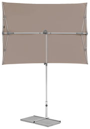 Beiger rechteckiger Sonnenschirm mit Metallgestell, frontal abgebildet