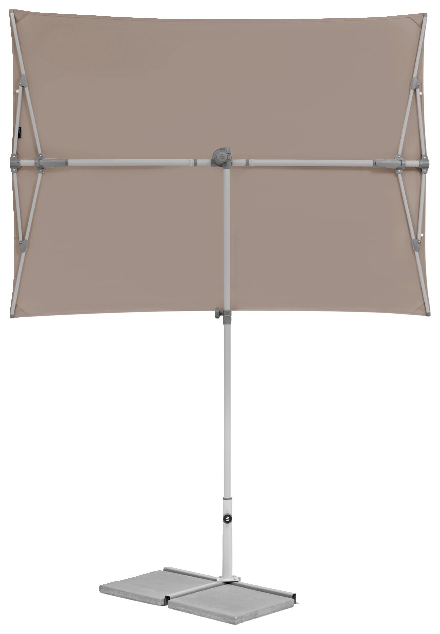 Beiger rechteckiger Sonnenschirm mit Metallgestell, frontal abgebildet