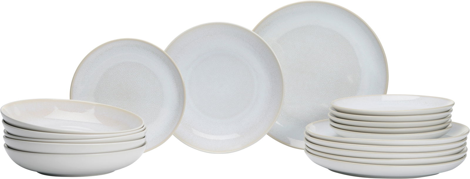 Teller-Set Laredo 18-tlg. in seitlicher Perspektive, bestehend aus gestapelten flachen und tiefen Tellern mit dezentem Muster.