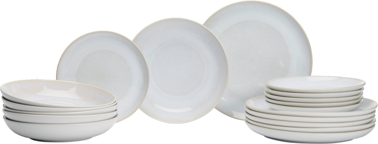 Teller-Set Laredo 18-tlg. in seitlicher Perspektive, bestehend aus gestapelten flachen und tiefen Tellern mit dezentem Muster.
