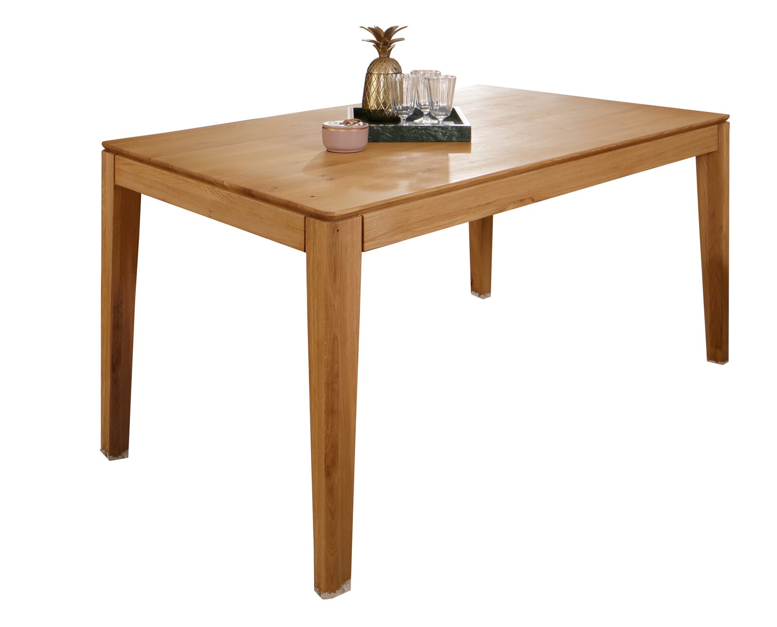 Livetastic Esstisch PAUL Holzesstisch mit rechteckiger Tischplatte, dekoriert mit einem Tablett und Gläsern, seitliche Perspektive